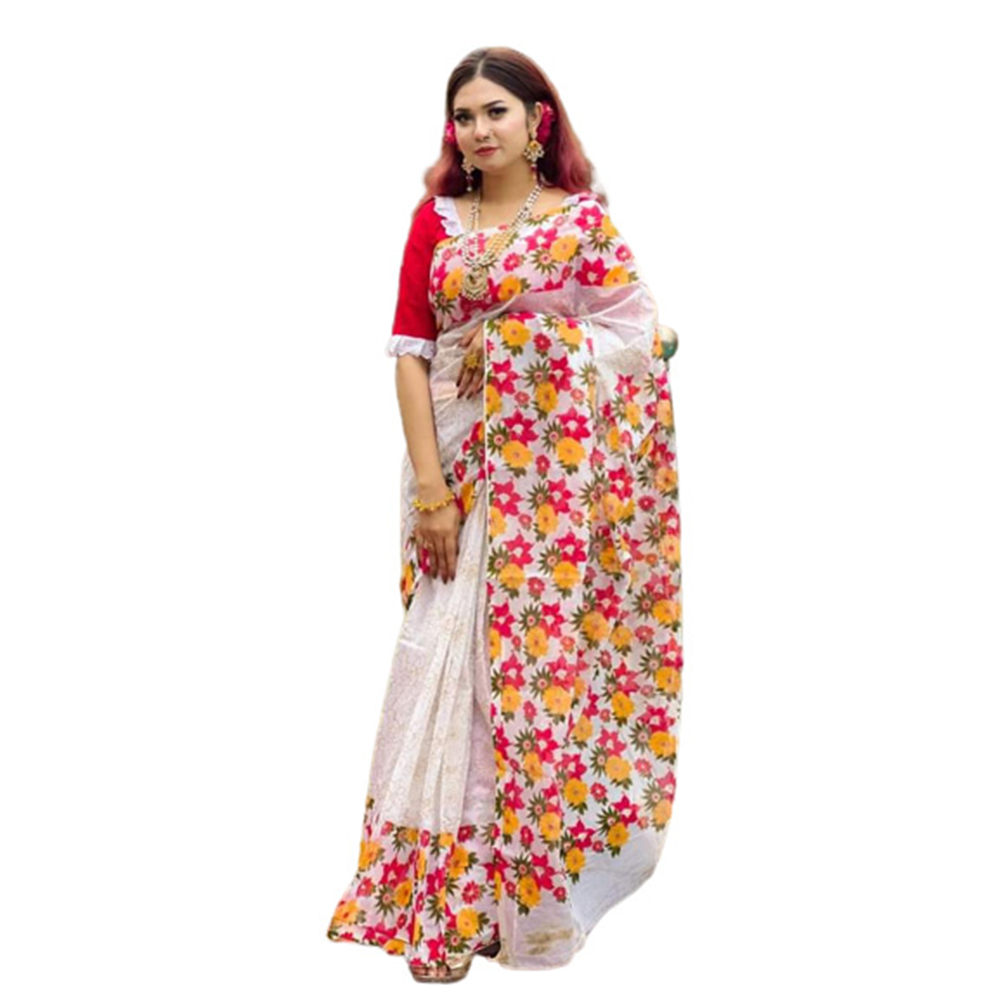 Half Silk Hand Printed Saree For Women - Multicolor - SP-113