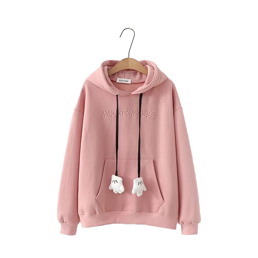 Fashionable Long Sleeves Lazy Style Mickey Mouse Hoodie For Women - Blush Pink