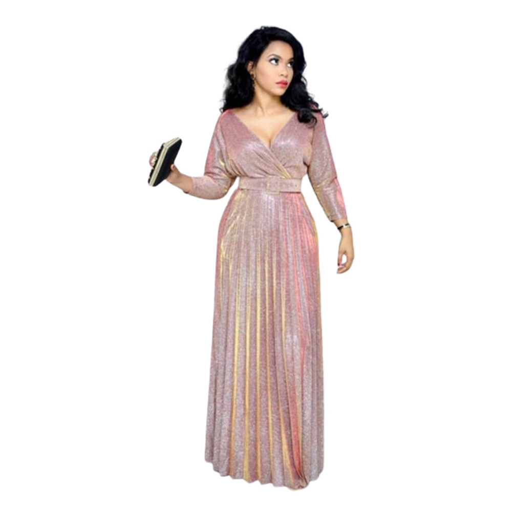 Polyester Glitter Readymade V-Neck Long Gown For Women - Baby Pink - LG-02