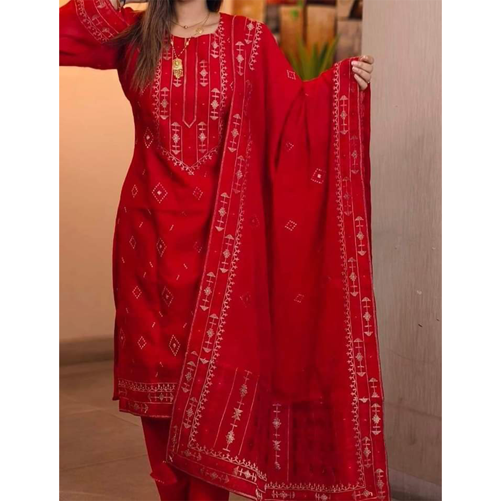 Unstitched Cotton Digital Printed Salwar Kameez For Women - Red - 3N-P6