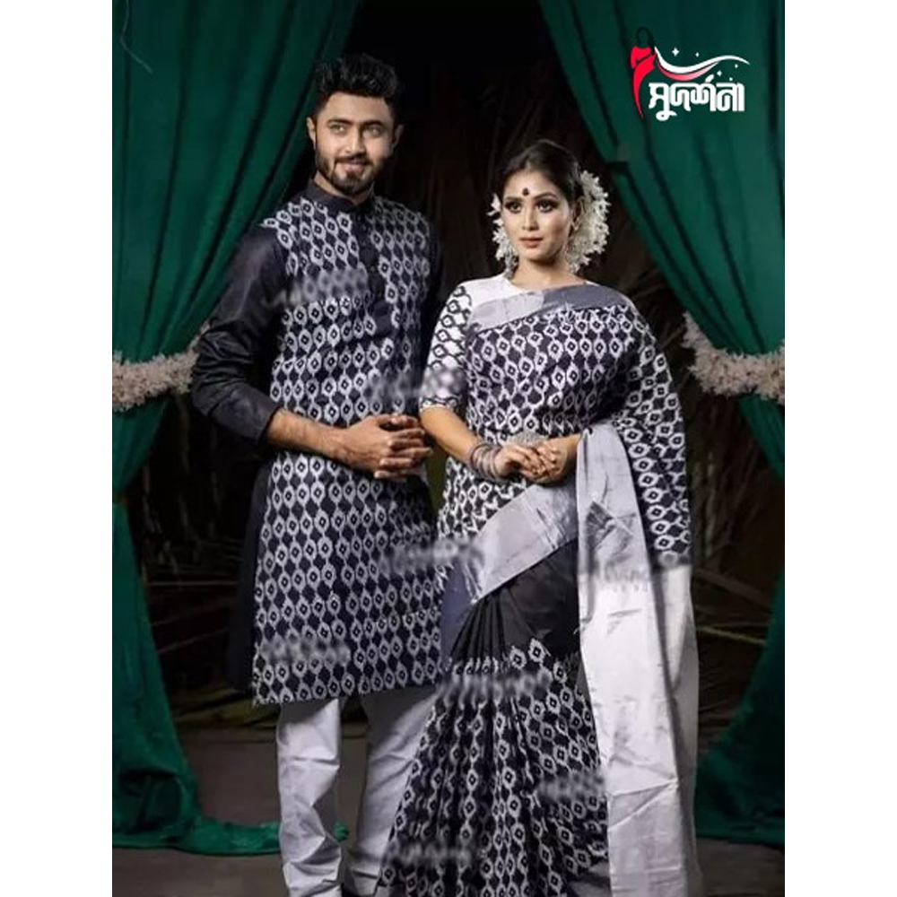Dhupian Block Print Silk Saree and Dhupian Silk Panjabi for Couple - Multicolor - 0026