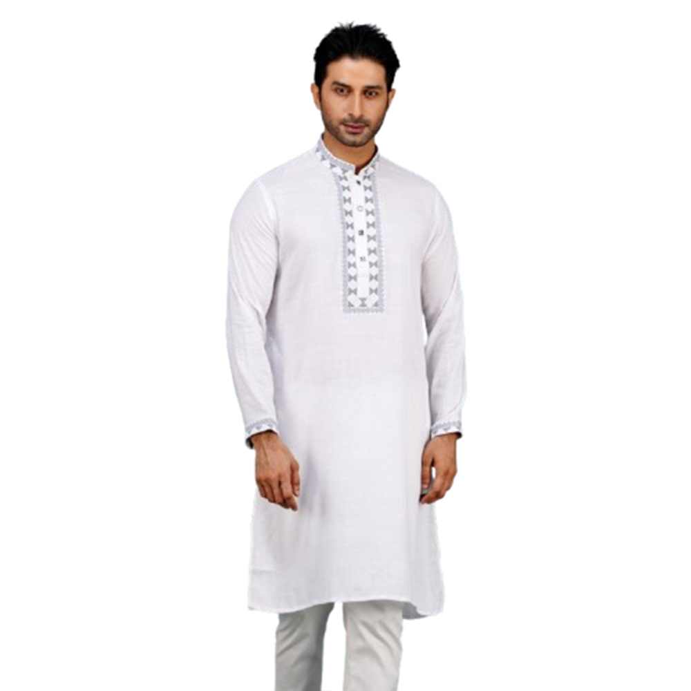 Cotton Embroidery Semi Long Panjabi For Men - White - PM-23