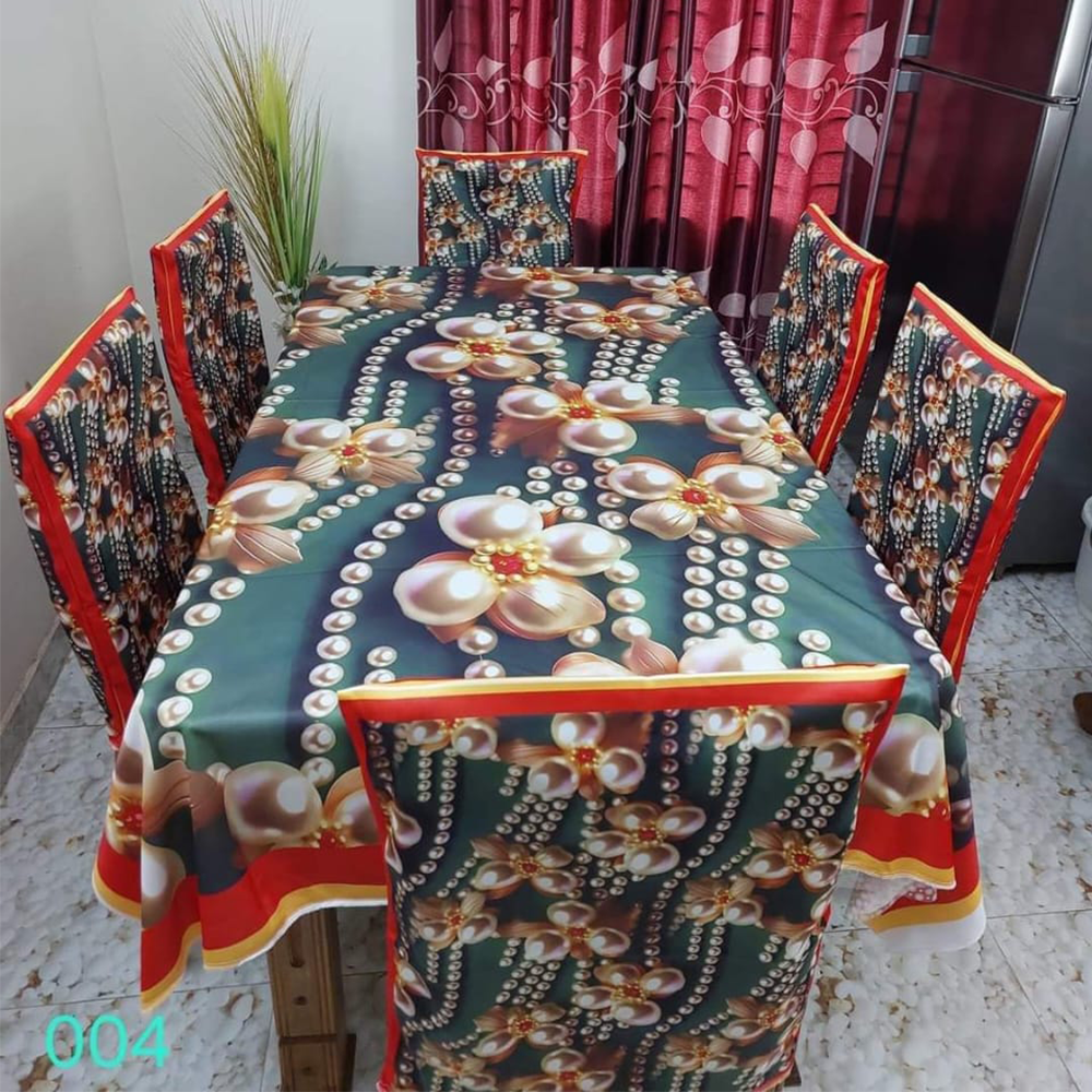 Korean Velvet 3D Print Premium Dining Table Cloth and Chair Cover Set 7 in 1 - TC-132