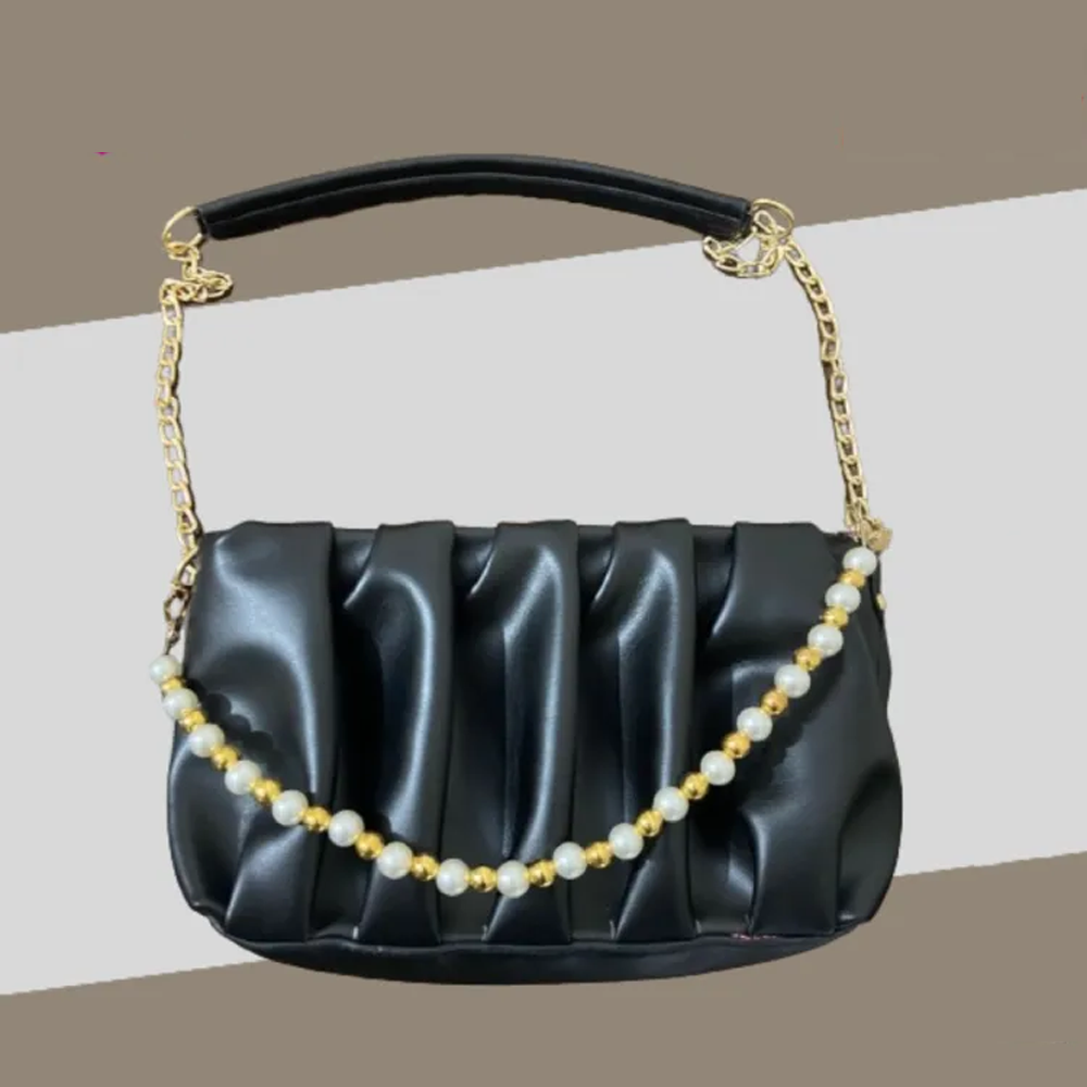 Pu Leather Pearl Chain Kuchi Double Belt Crossbody Shoulder Side Bag For Women
