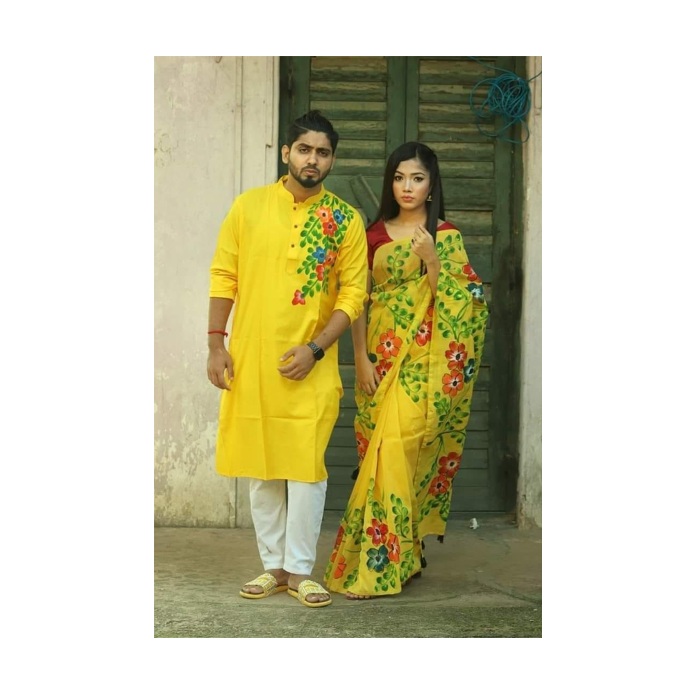 Hand Printed Half Silk Saree and Dhupian Cotton Panjabi For Couple Set - BAN092