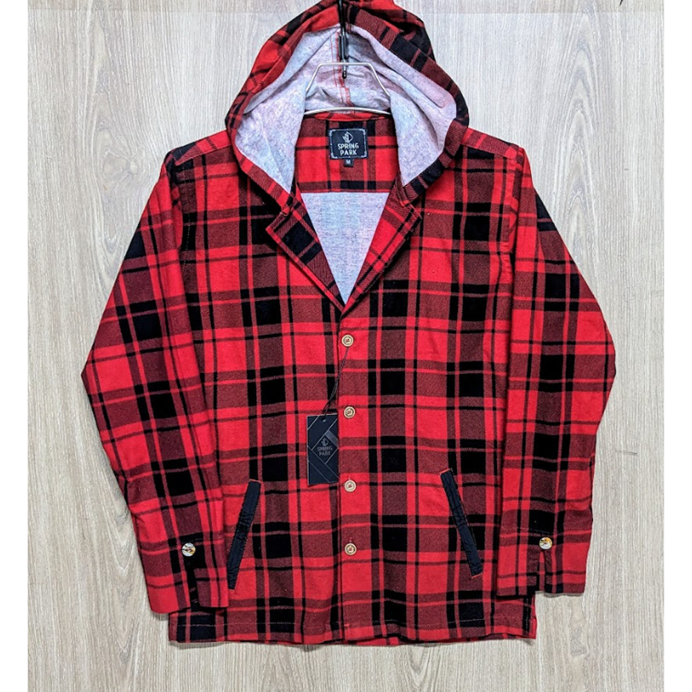 Flannel Cotton Hooded Shirt - Red - SP0018