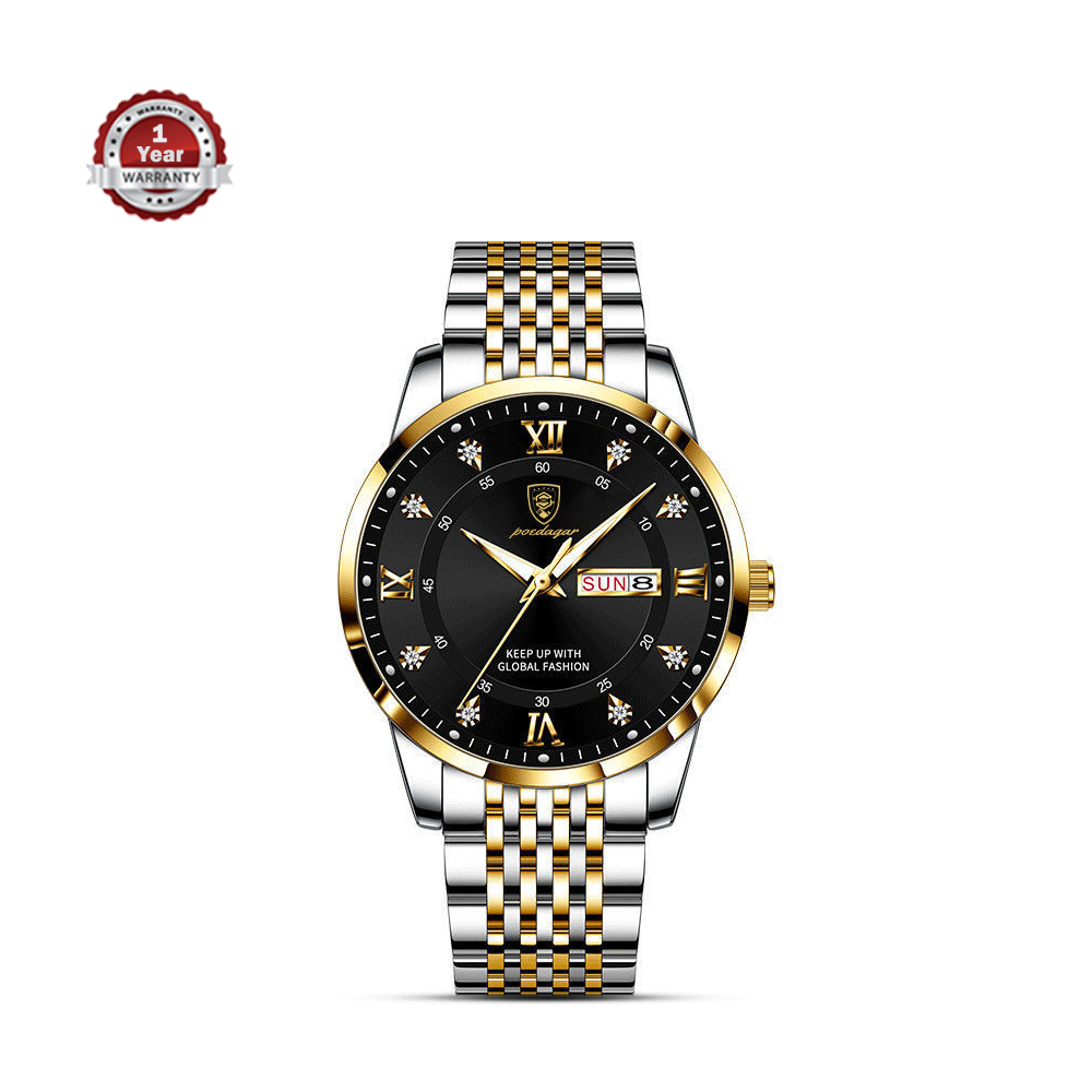 Poedagar PO836 Stainless Steel Analog Wrist Watch for Men - Black & Silver & Golden