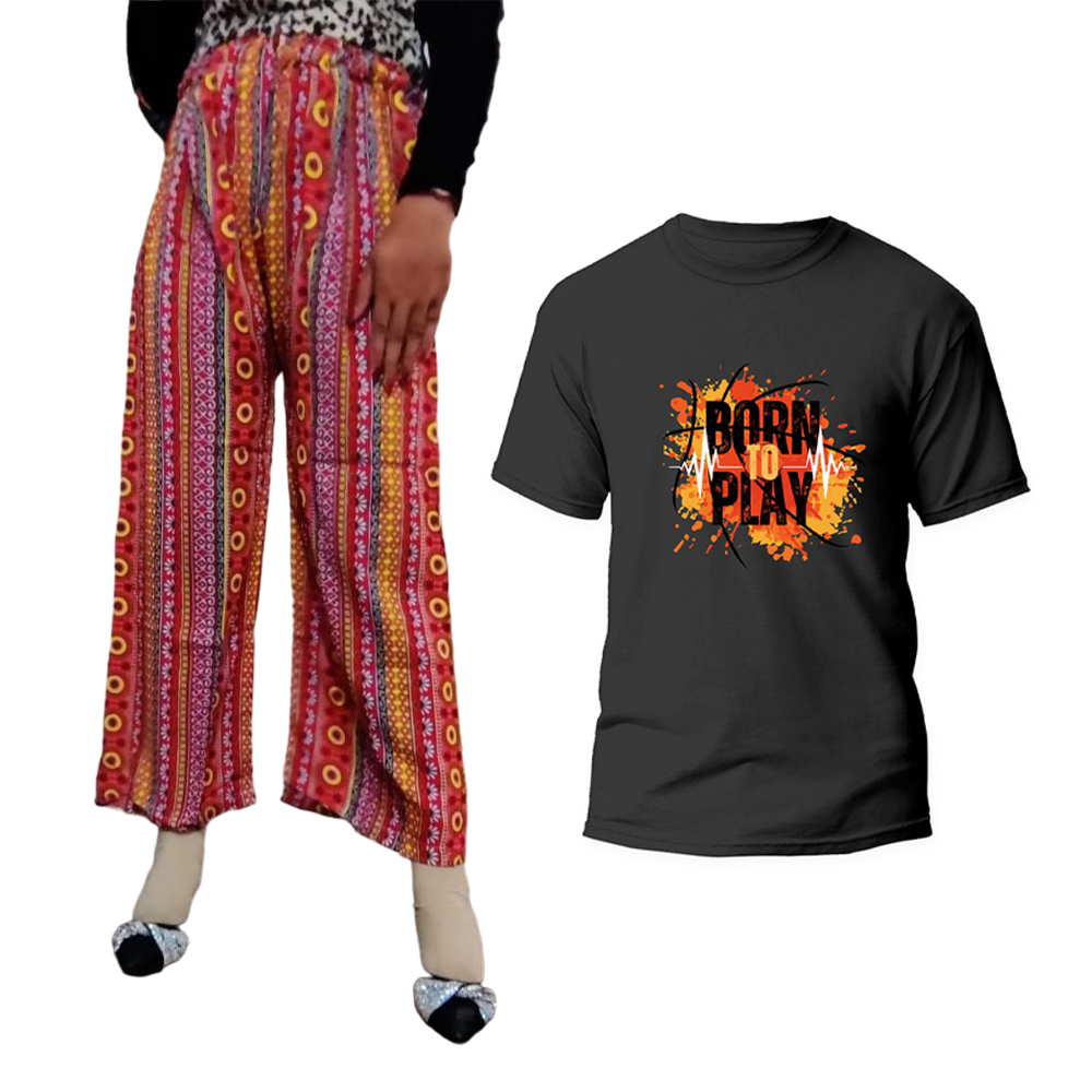 Soft Linen Print Palazzo Pants with T-Shirt for Women - Multicolor - 05