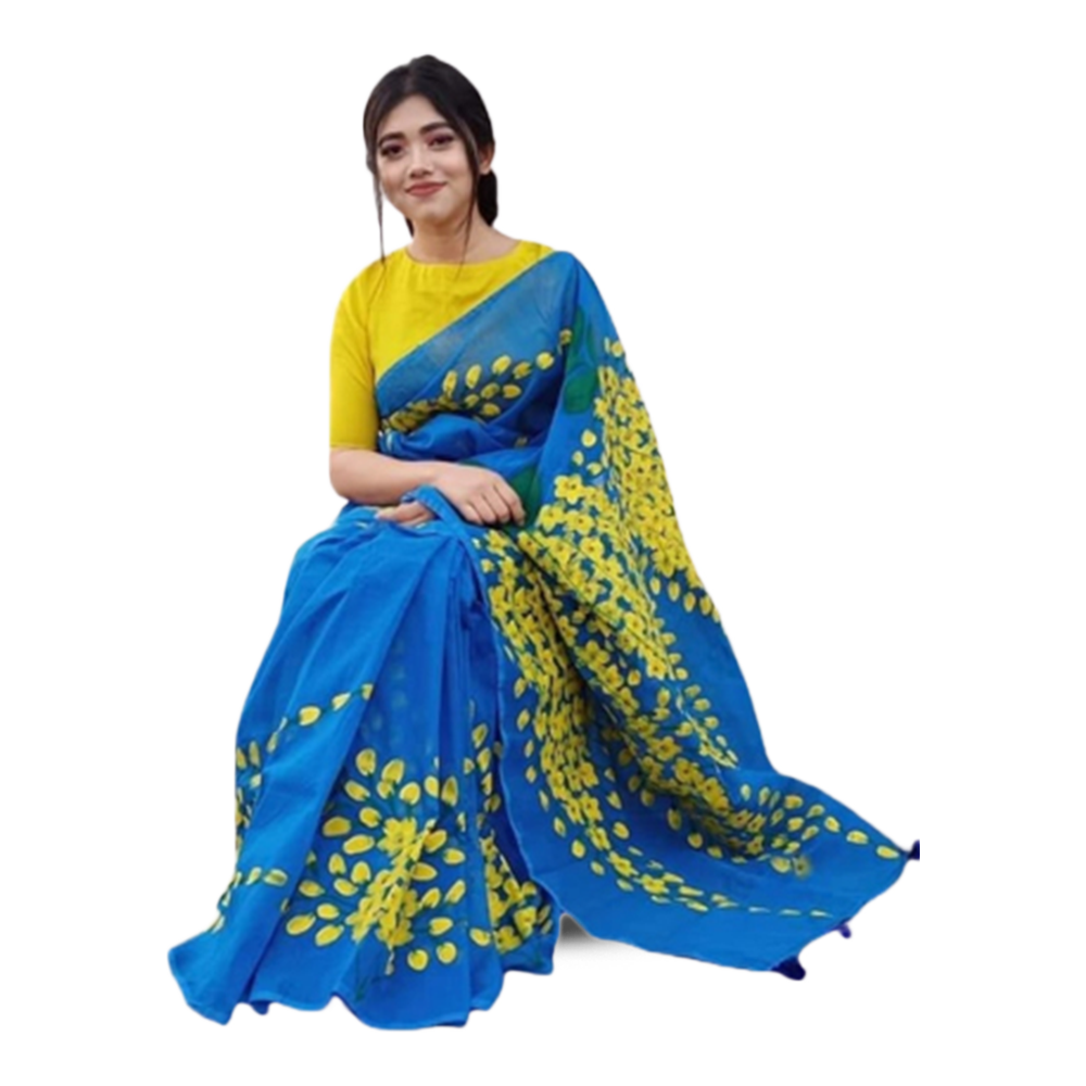 Hand Printed Half Silk Saree for Women - Blue - SP-94