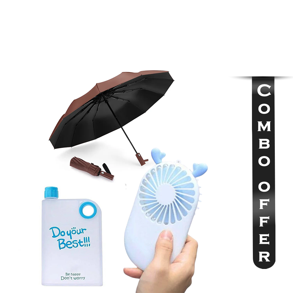 Combo Offer Of BMW Polyester 12 Sticks Auto Umbrella Powerful Mini Fan and Smart Water Bottle