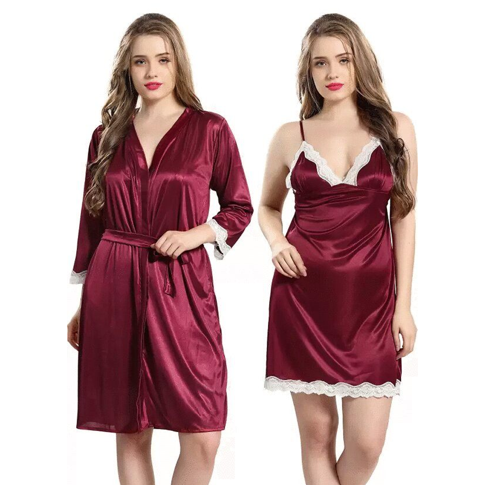 Satin Silk Premium 2 Part Night Wear For Women - Maroon - MZ-554