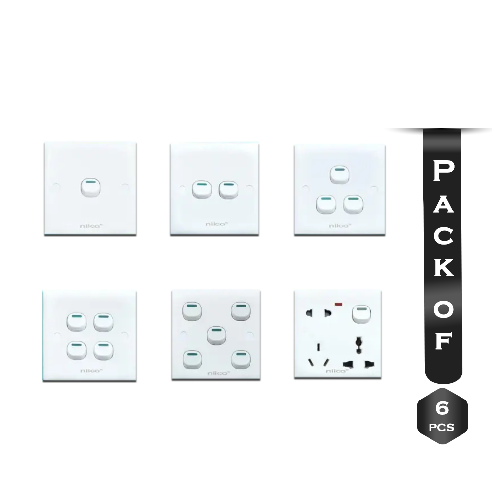 Pack of 6 Pcs Niico Classic Wall Switch Socket Gang Series - White - 005