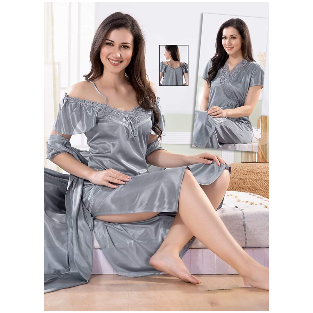 Satin Two Part Night Wear For Women Gray ND 27