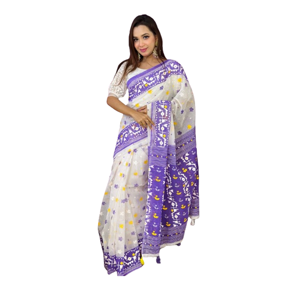 Half Silk Saree With Blouse For Women - White and Purple - HS-7005