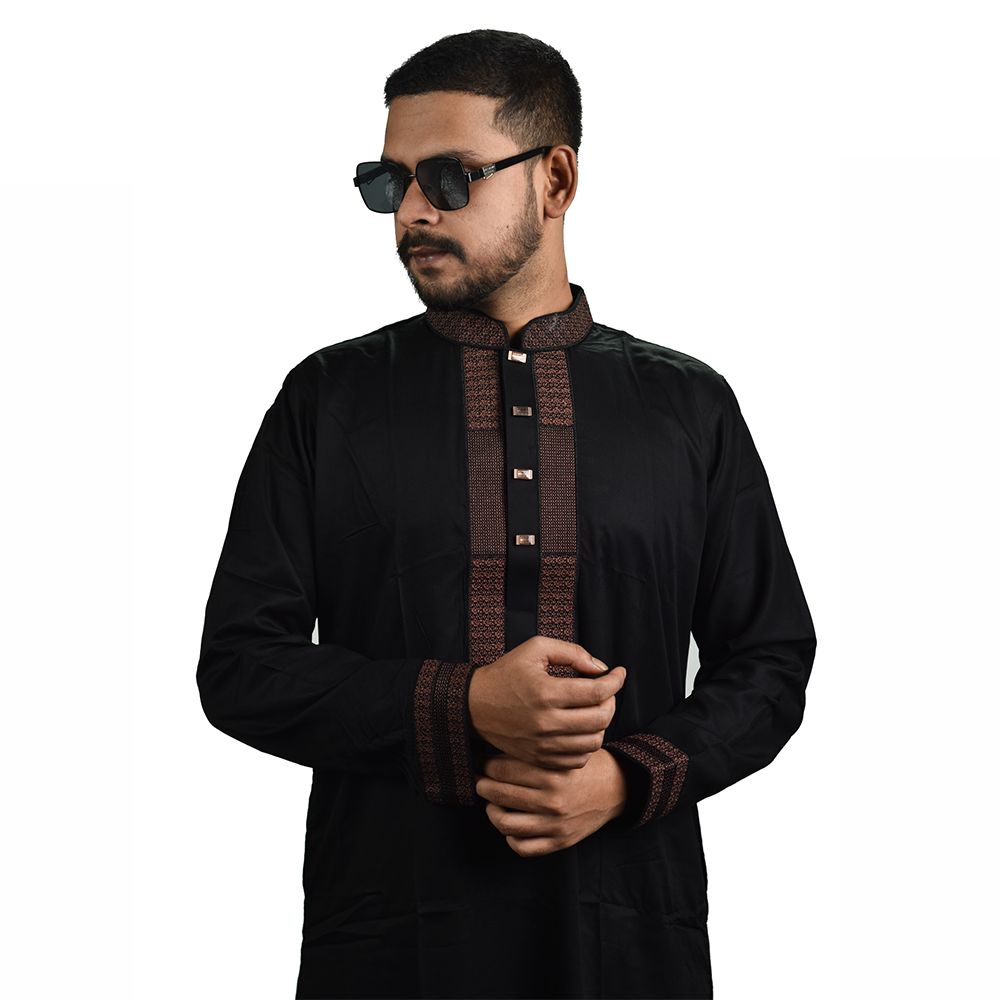 Cotton Blended Panjabi For Men - Black - P20