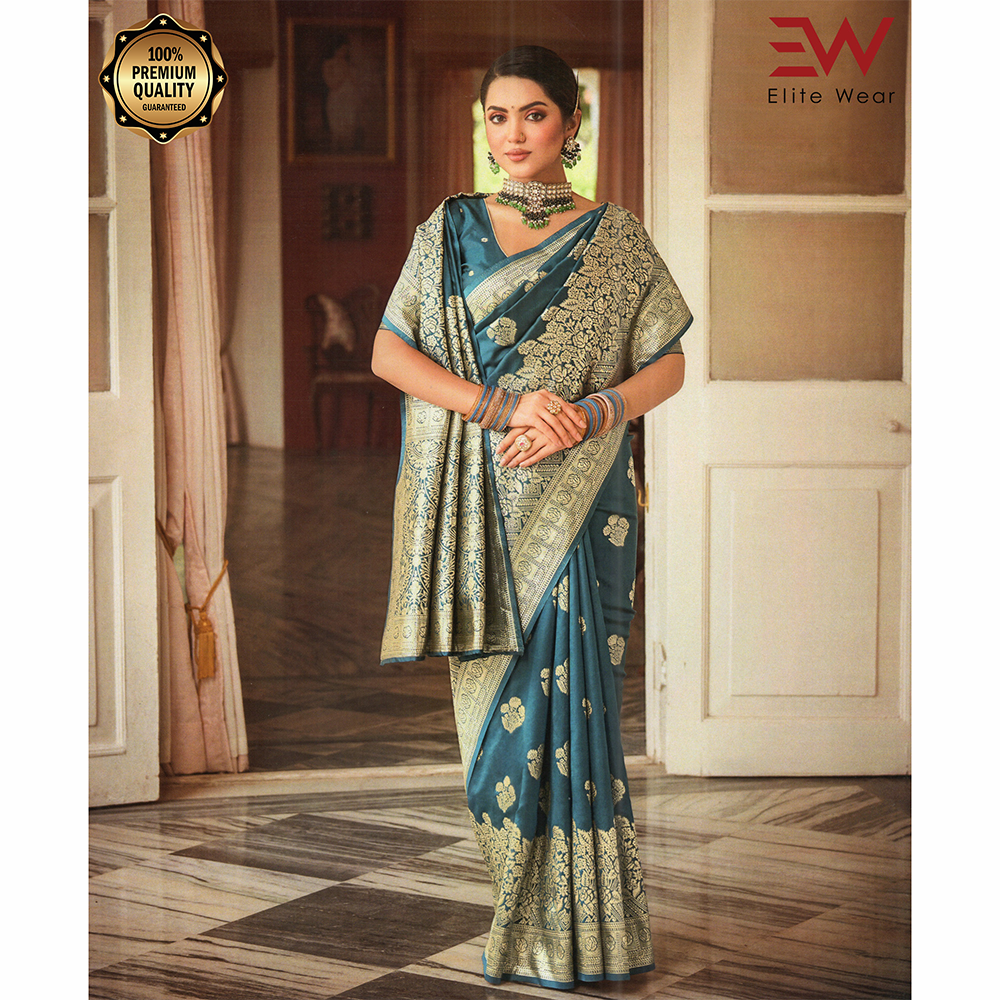 Gujrati Pure Handloom Katan Saree with Blouse Piece for Women - Ocean Blue - A-646 E