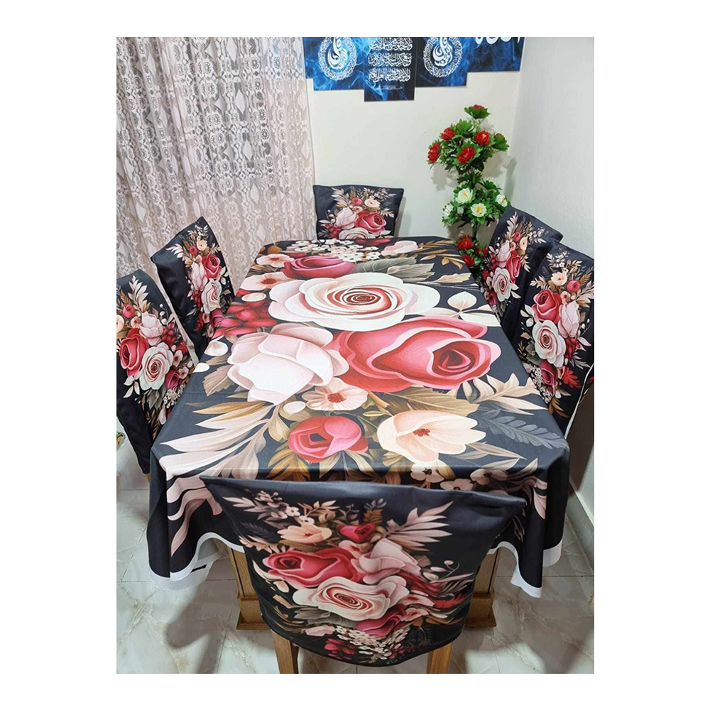 Soft Velvet 3D Print Premium 7 in 1 Dining Table Matt And Chair Cover Set - Multicolor - TC-111