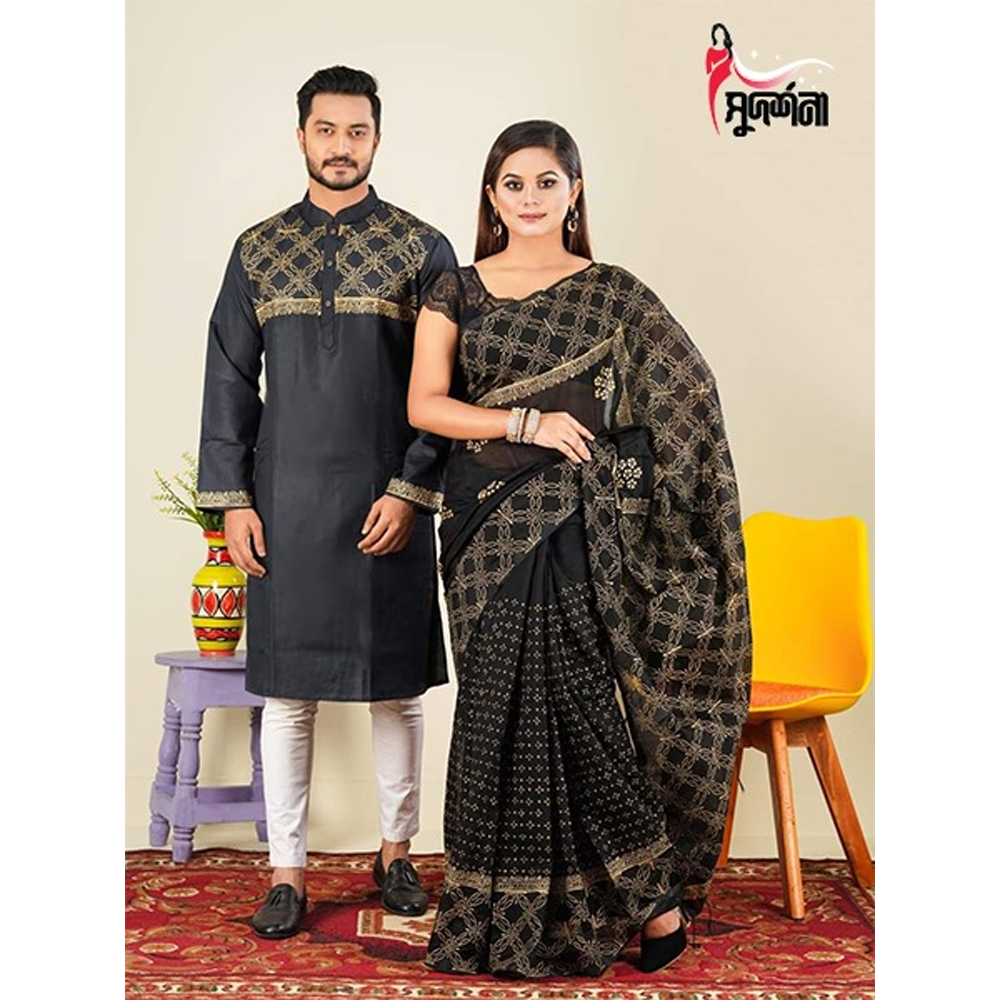 Dhupian Block Print Silk Saree and Dhupian Silk Panjabi for Couple - Multicolor - 0020