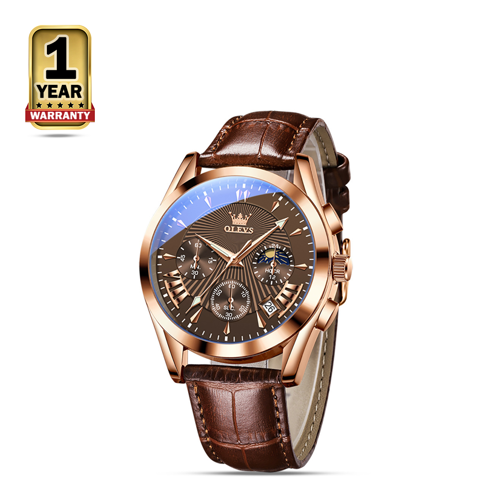 Olevs 2876 PU Leather Wrist Watch For Men - Brown