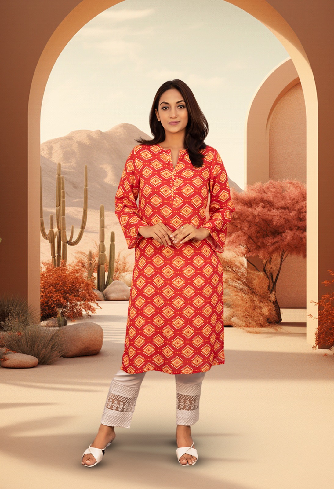 Basra Viscose Kurti For Women - Orange - ELV020