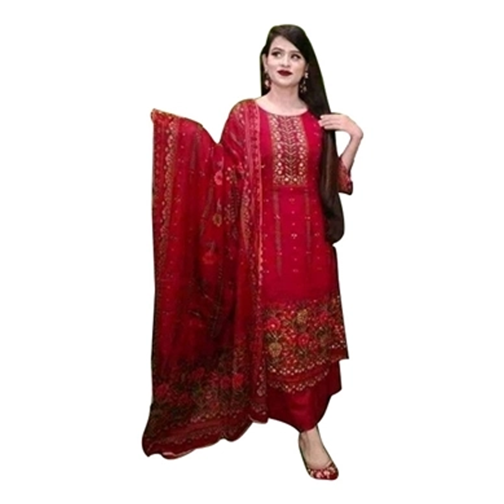 Cotton Unstitched Salwar Kameez for Women - Red