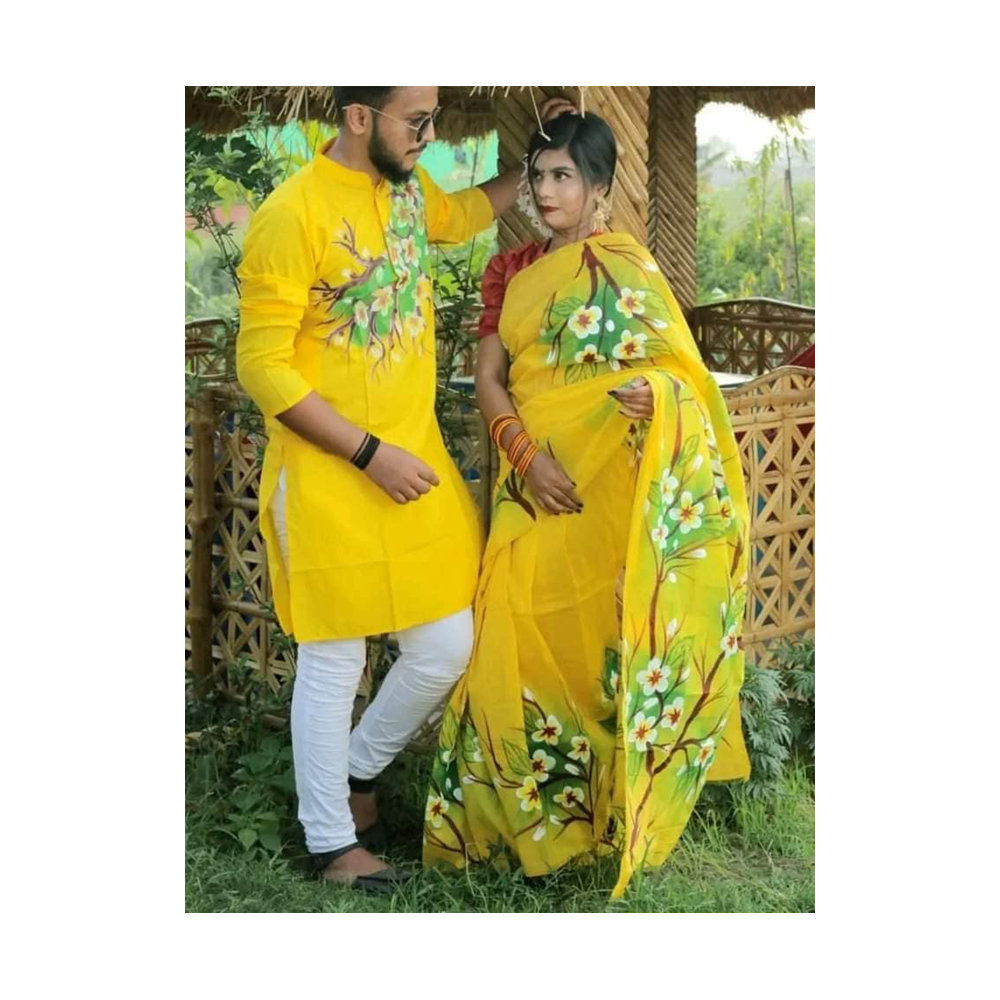 Hand Printed Half Silk Saree and Dhupian Cotton Panjabi For Couple Set - BAN063