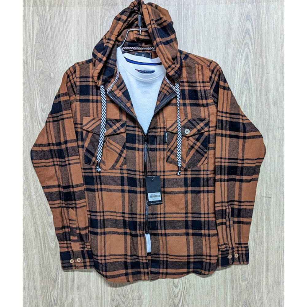 Flannel Cotton Hooded Shirt - Brown - SP0009