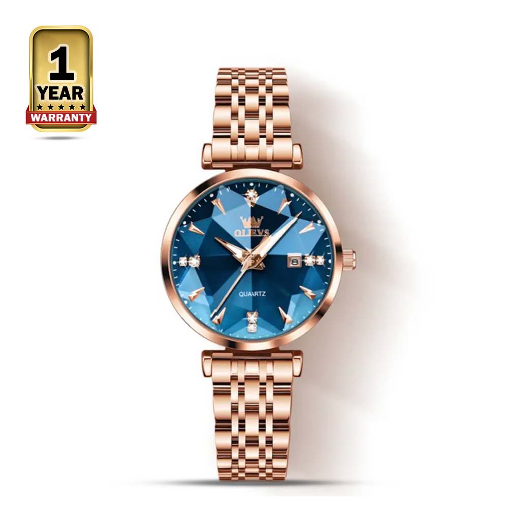 OLEVS 5536 Stainless Steel Diamond Shaped Waterproof Wrist Watch For Women - Rose Gold and Blue