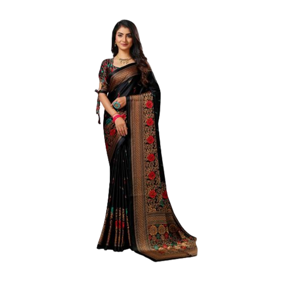 Soft Silk Digital 3D Printed Saree With Blouse Piece - Black - SS-P39