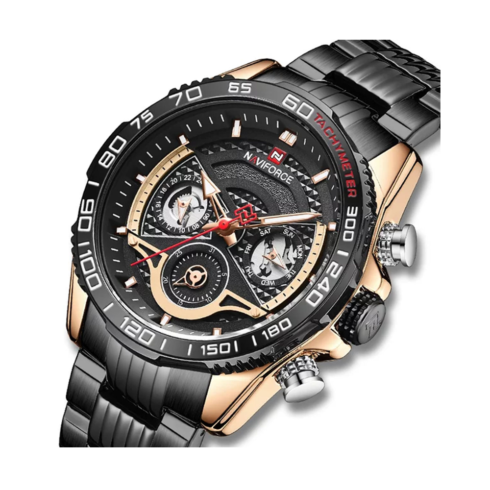 Naviforce 9185 Stainless Steel Chronograph Wristwatch For Men - Rose Gold And Black