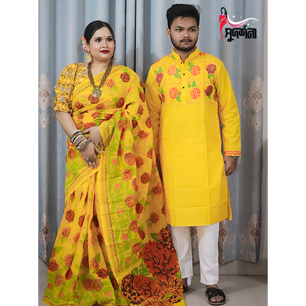 Half Silk Block Print Saree and Slap Cotton Panjabi Couple Set - Multicolor - 002