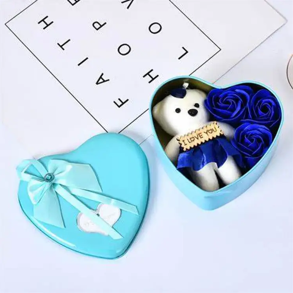 Heart-Shaped Gift Box with Teddy and Roses
