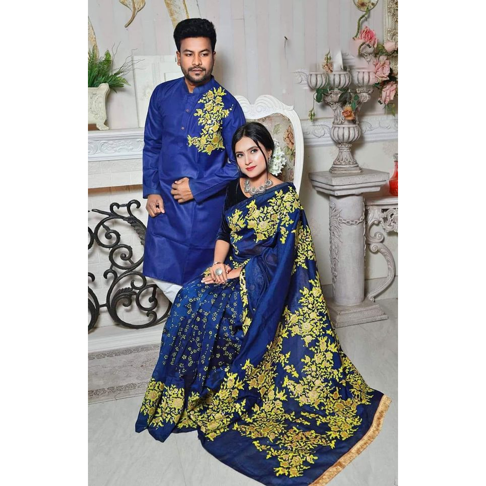 Half Silk Block Print Saree and Dhupian Cotton Panjabi Couple Set - Multicolor - 323