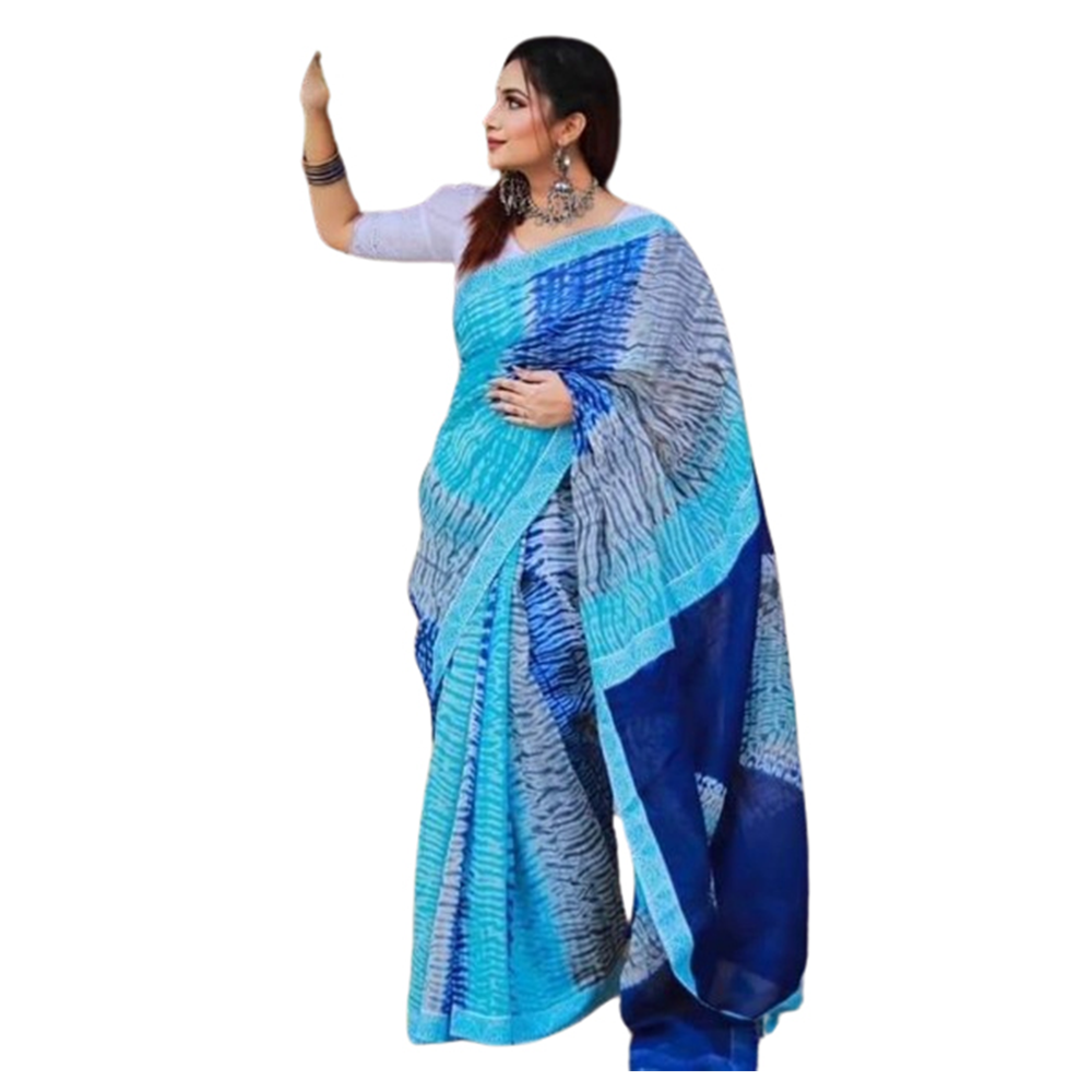 Vegetable Cotton Print Batik Saree For Women - Sky Blue - SB-81