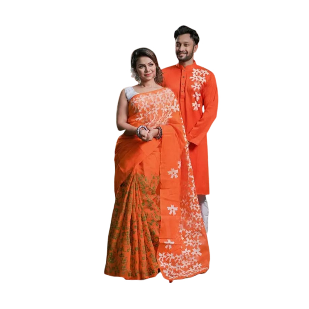 Hand Print Half Silk Saree And Silk Cotton Panjabi For Couple - CS-52 - Orange