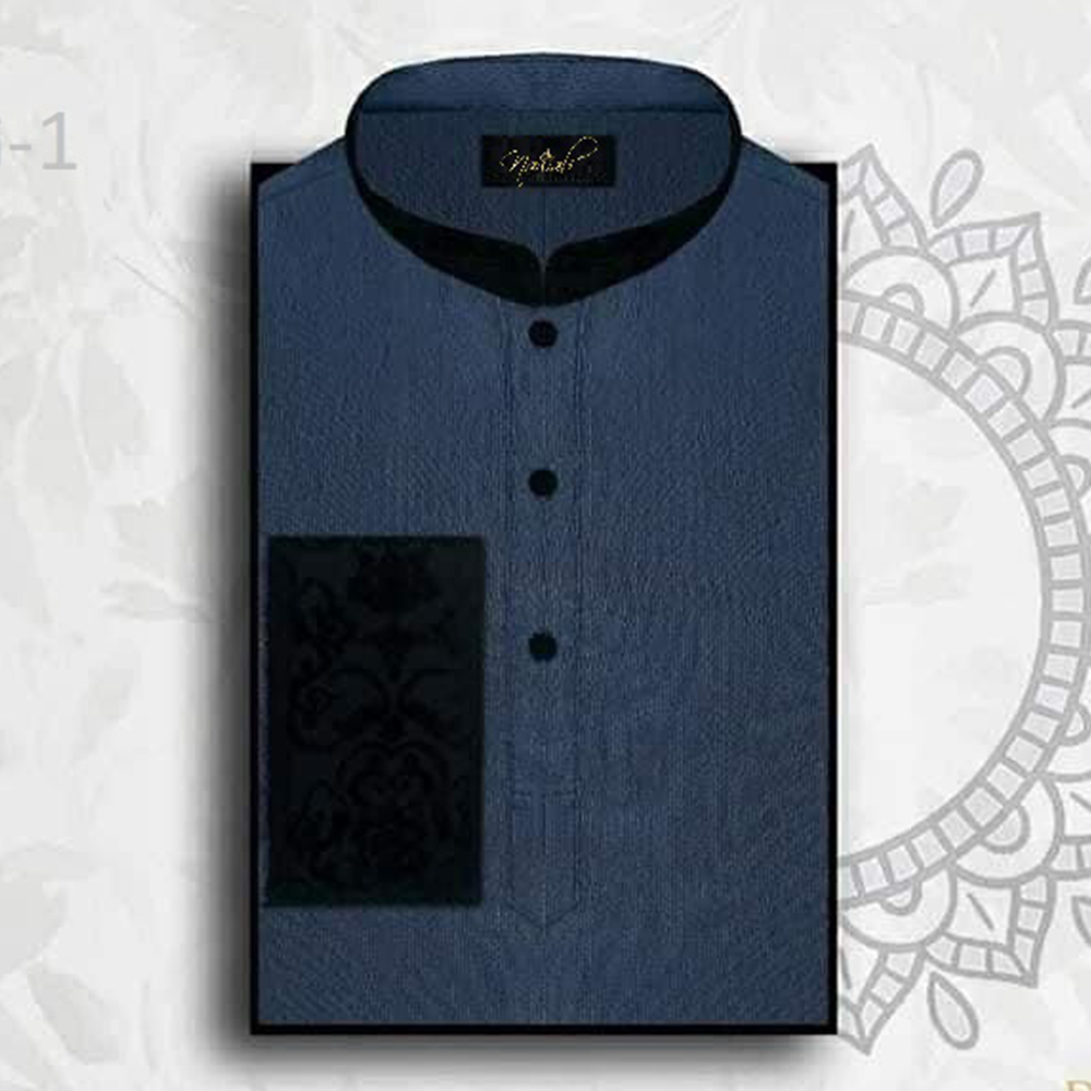 Tencel Contrast Panjabi for Men - Dark Blue - AJG-1