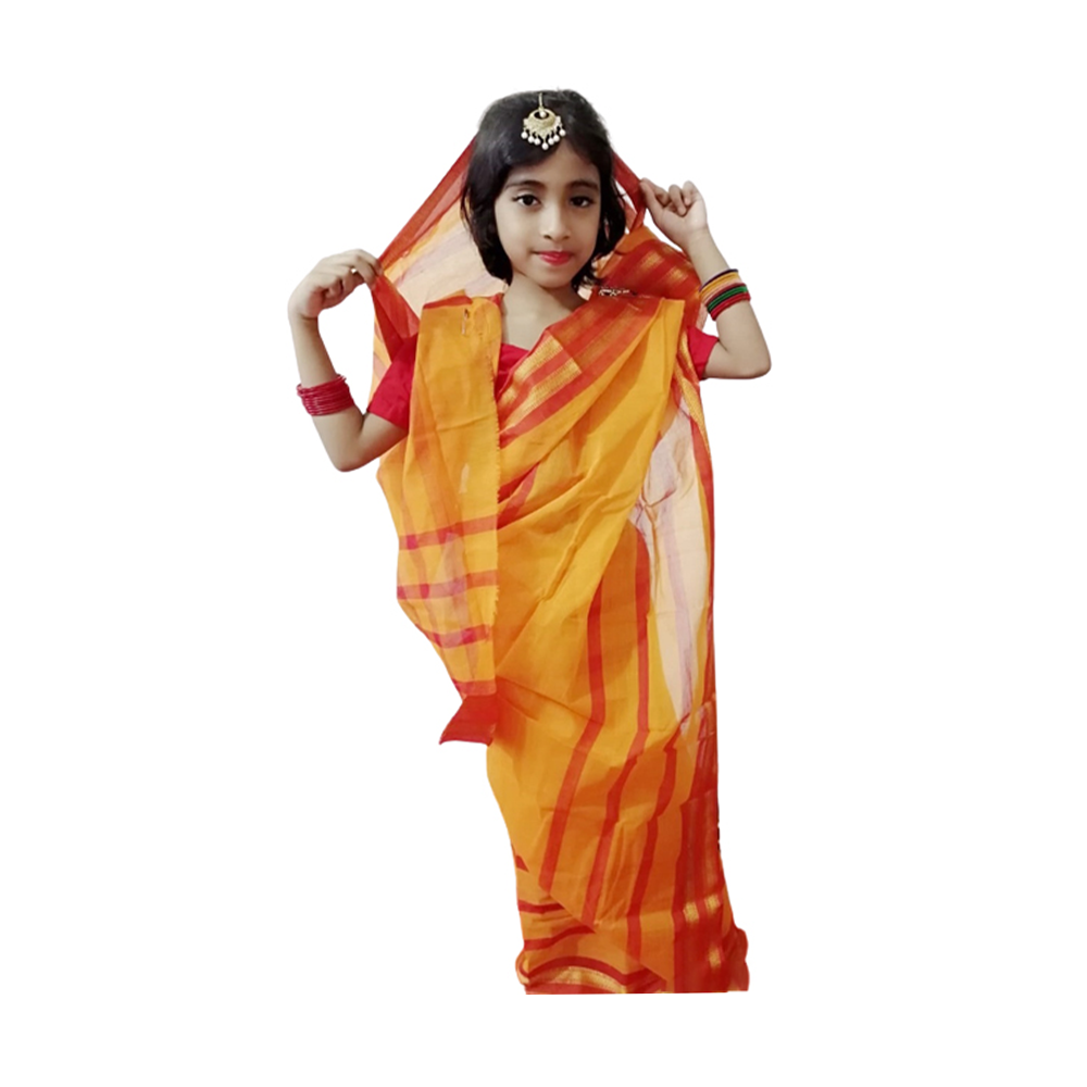 Cotton Tangail Saree for Baby Girls - Yellow and Red - HT-01