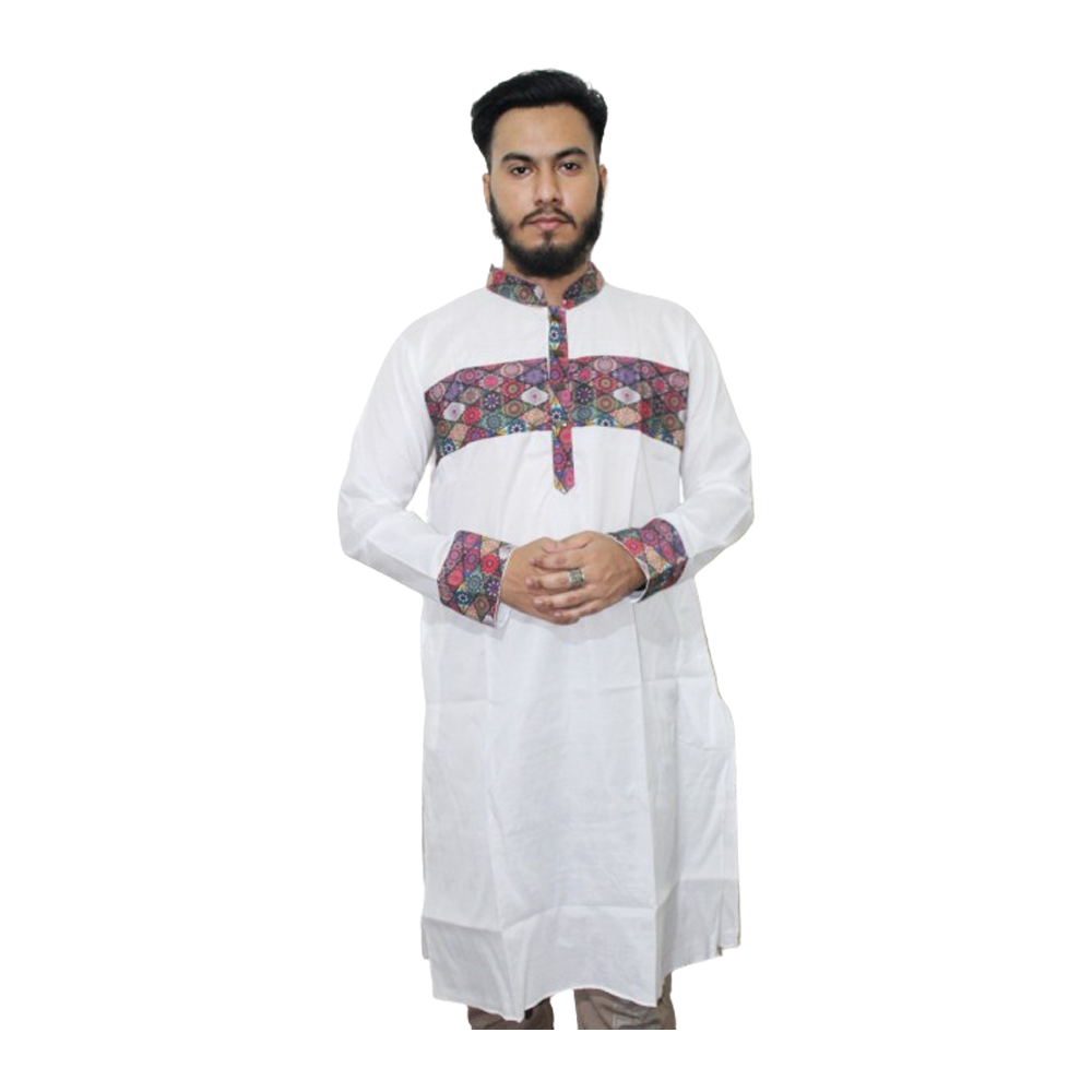 Dupion Silk Semi Long Panjabi For Men - White