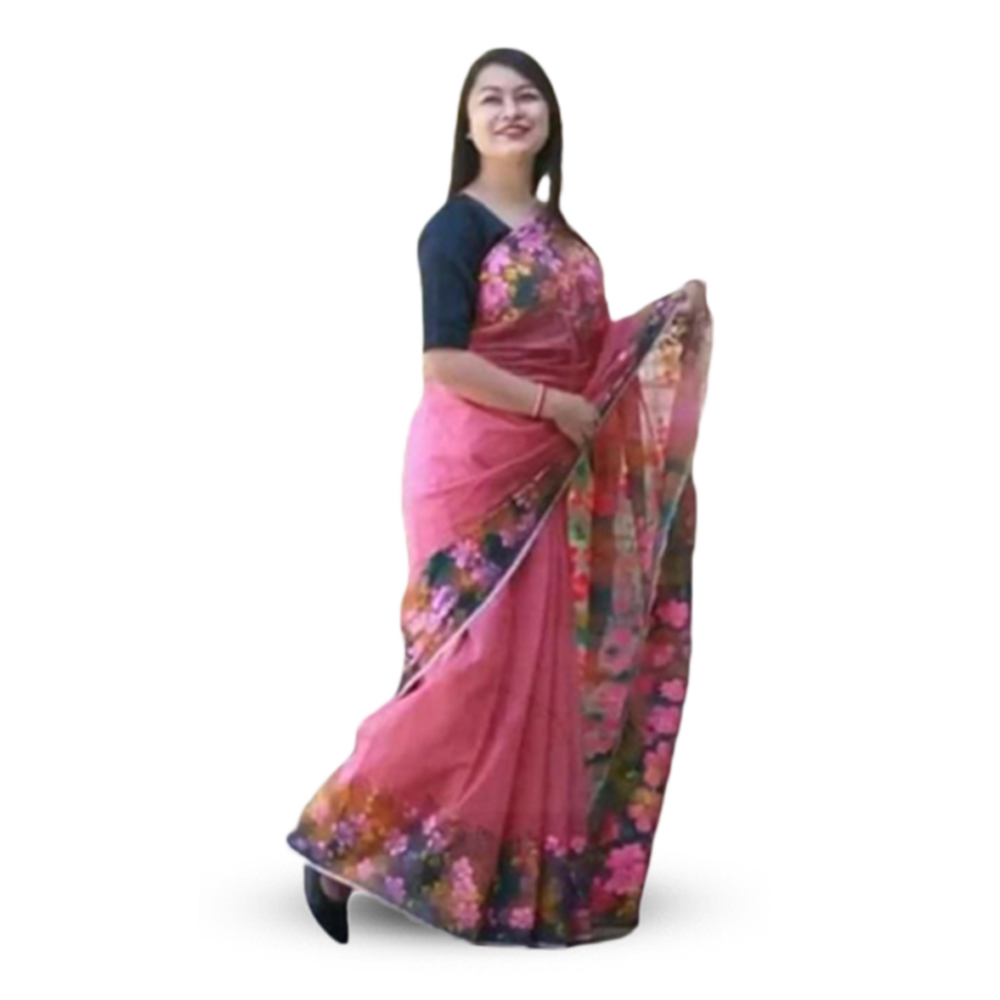 Hand Printed Half Silk Saree for Women - Coral - SP-84  