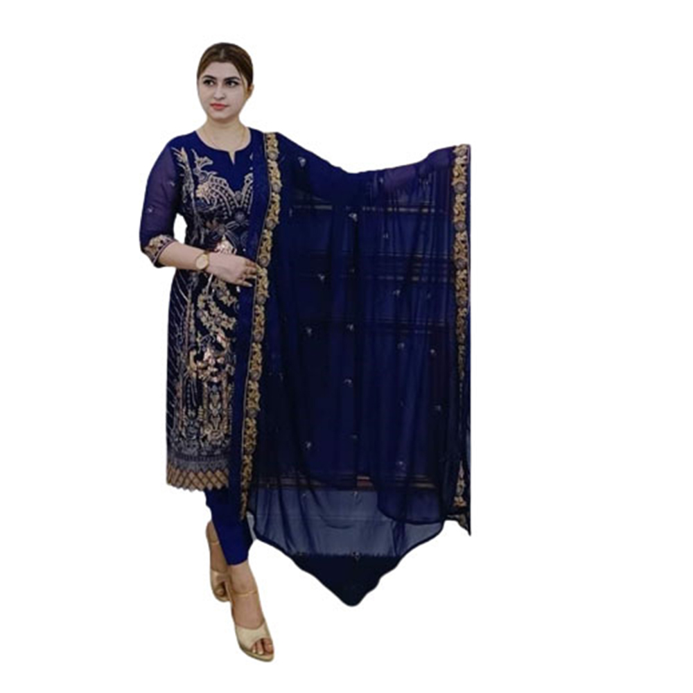 Soft Georgette Embroidery Unstitched Salwar Kameez For Women - Blue - 4G-25