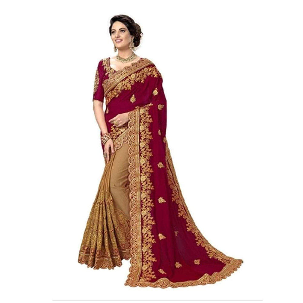 Weightless Georgette Embroidery Worked Saree With Blouse Piece For Women - Red - SJ-61