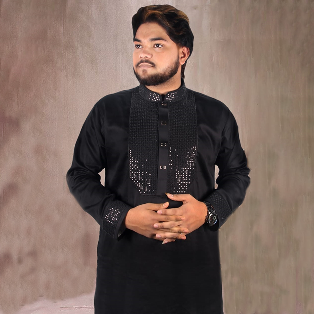 Cotton Sequence Panjabi for Men - Black - BK001