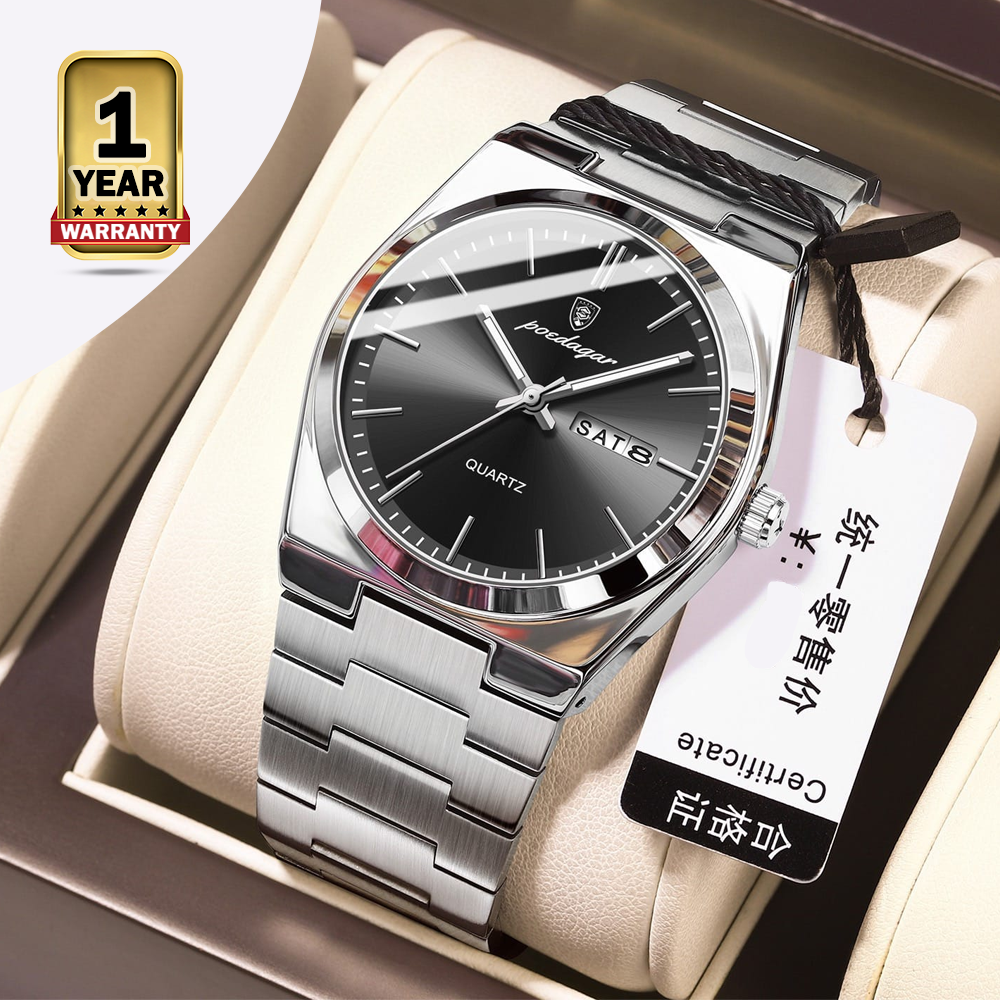 Poedagar 930 Stainless Steel Quartz Luminous Wristwatch for Men - Silver and Black
