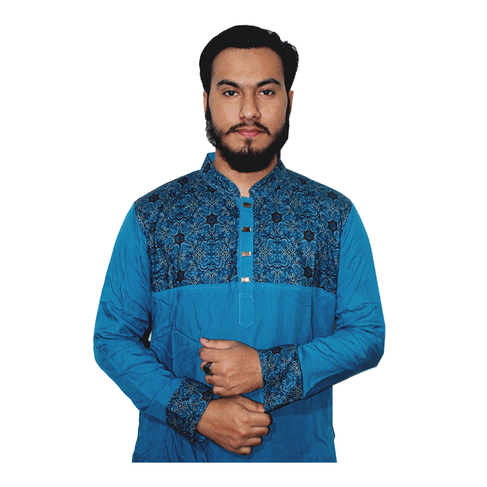 Dupain Silk Semi Long Panjabi For Men - Steel Blue