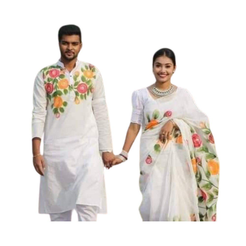 Cotton Silk Saree and Dhupian Cotton Panjabi Couple Dress - White - SC56