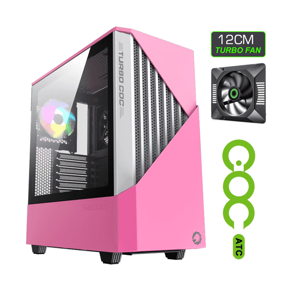 GameMax Contac COC WP Turbo Mid-tower Gamming Case- 2 Pcs ARGB Fan 1Pcs COC Fan & Tampered Glass - Pink