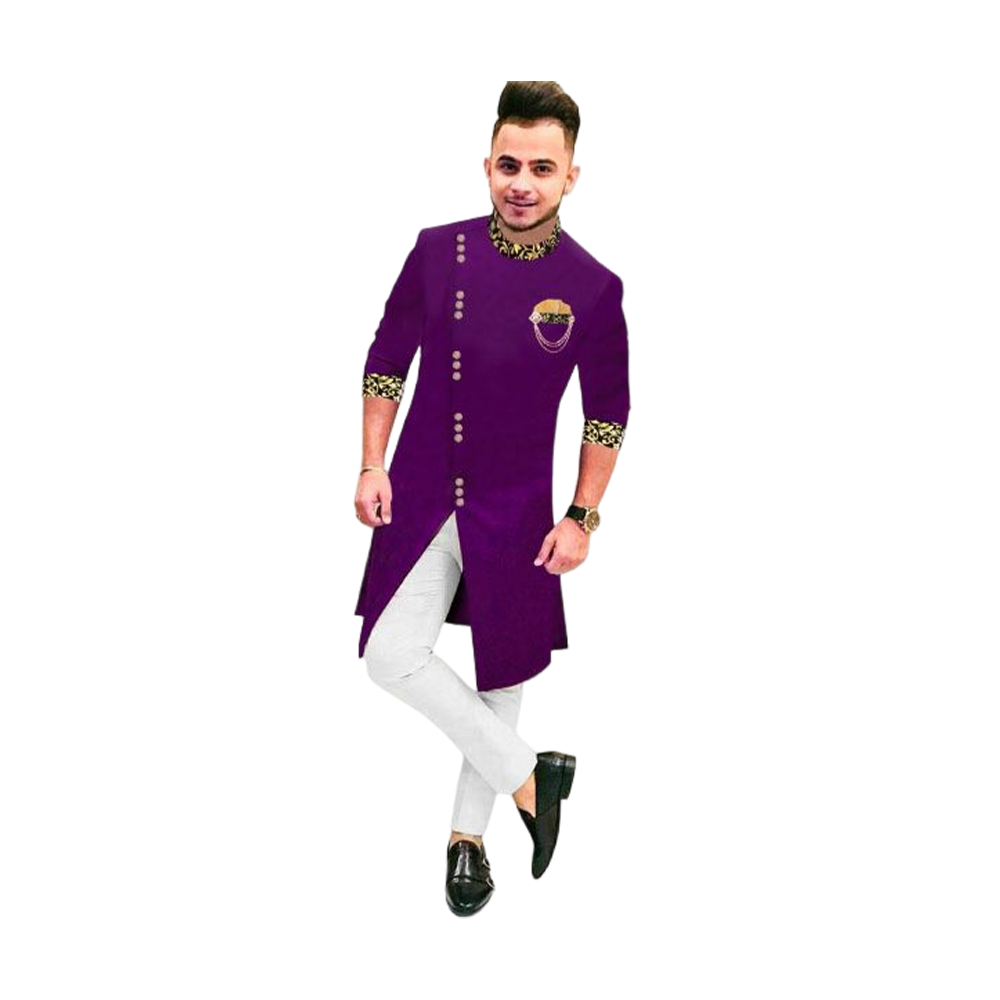 Cotton Embroidery Sherwani Panjabi With Pajama For Men - Purple - PS-07