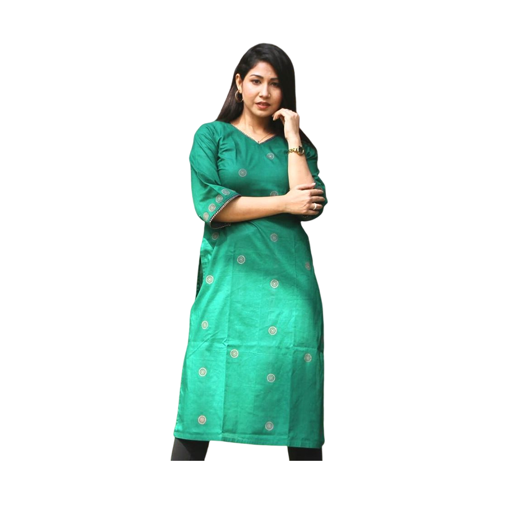 Semi Stitched Cotton Kurti With Lase Green B001006