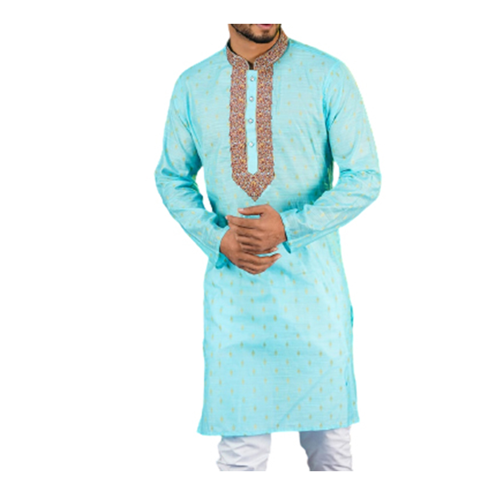 Cotton Digital Print Semi Long Embroidery Panjabi For Men - Cyan - PS-02