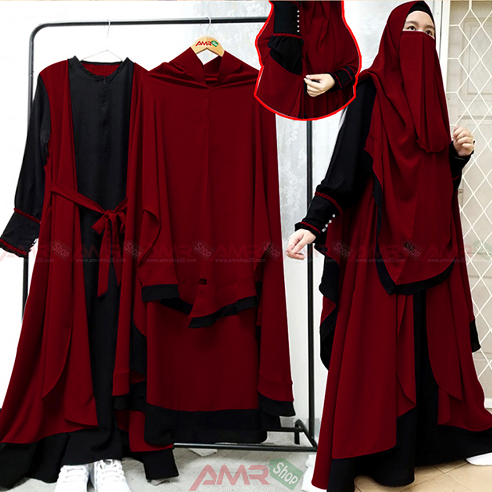 Dubai Cherry Indonesia Hijab and Niqab Burkha Set for Women - Maroon - B_445